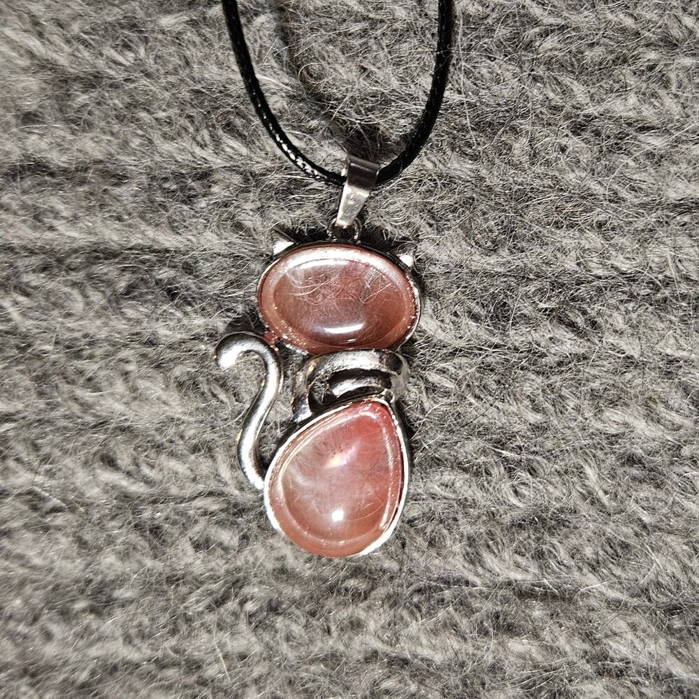Cherry quartz gemstone/crystal cat pendant, silver plate, black cord, new